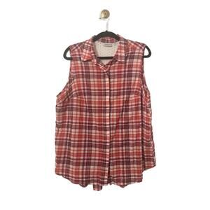Avenue Womens Blouse Size 18/20 Red Madras Plaid Button-Down Sleeveless Shirt